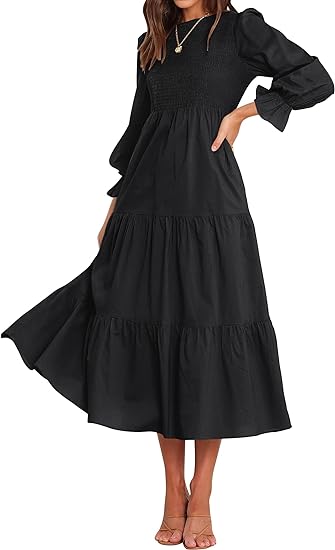 Photo 1 of  Women's Casual Plaid Crew Neck Long Puff Sleeve Elastic Waist Smocked Flowy Tiered Midi Dress  size XL 