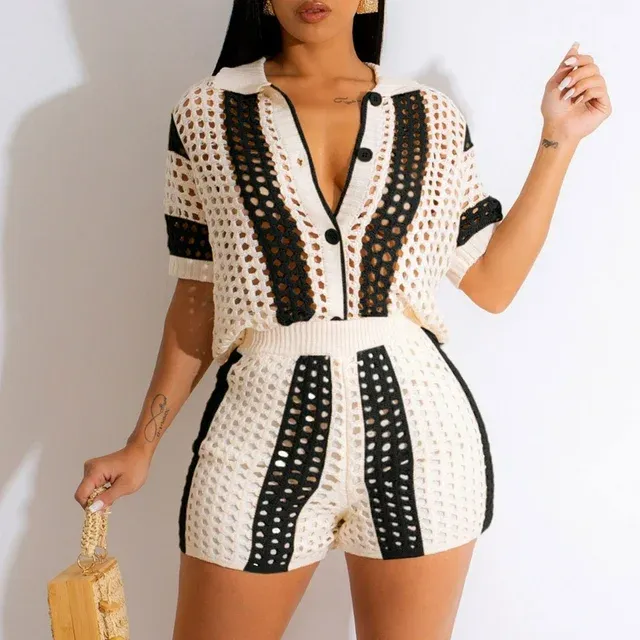 Photo 1 of    LARGE  Women suits&nbsp;2 piece fashion suits Women's Sexy Color Matching Casual Hollowed Out Knit Set comfy style