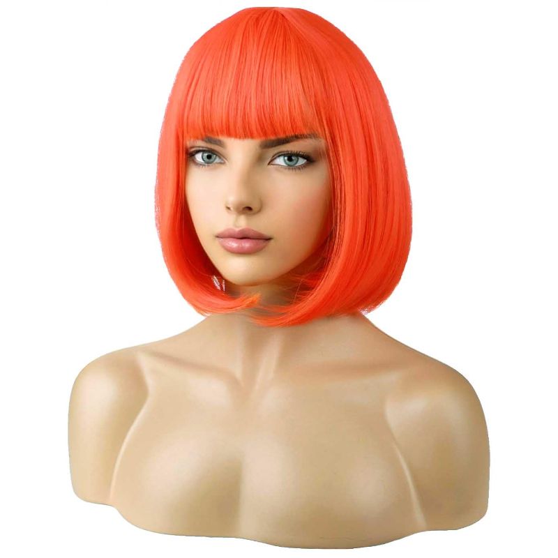 Photo 1 of BERON Orange Bob Wigs for Women Straight Short Hair Wigs with Bangs 12'' Synthetic Cosplay Party Daily Use Wigs Wig Cap Include
