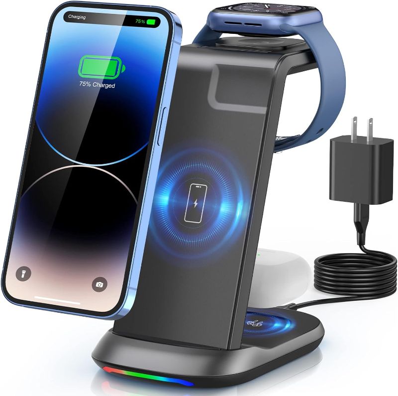 Photo 1 of Wireless Charging Station,3 in 1 Fast Charger Stand Compatible with iPhone 15/14/13/12/11 Pro Max/X/Xs Max/8/8 Plus, iWatch Series ultra/9/8/7/6/5/SE/4/3/2, AirPods 3/2/pro/pro 2
