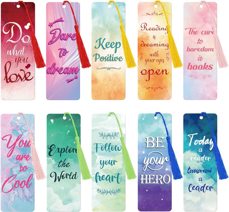 Photo 1 of 20 Pieces Inspirational Quote Bookmark with Tassel Motivational Bookmarks Positive Page Marker for School Office Students Bookworm Presents, 10 Designs
