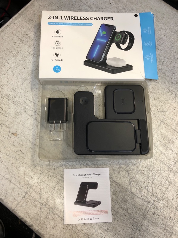 Photo 2 of Charging Station for Apple Multiple Devices,Fast 3 in 1 Wireless Charging Station for iPhone 15/14/13/12/11(Pro, Pro Max)/XS/XR/XS/X/8(Plus),Apple Watch 8/7/6/SE/5/4/3/2,AirPods 3/2/pro… (Black)