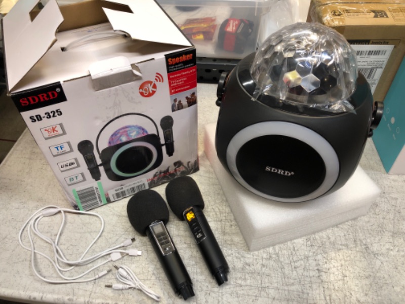 Photo 2 of Karaoke Machine for Adults and Kids, Portable Bluetooth Speaker with 2 UHF Wireless Microphones PA System with Disco Ball, LED Lights, for Home Party, Wedding,Church,Picnic, Outdoor/Indoor