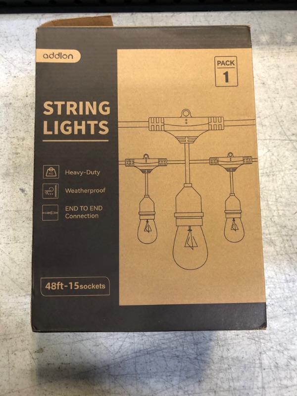 Photo 1 of addlon 48 FT Outdoor String Lights Commercial Grade Weatherproof Strand, 18 Edison Vintage Bulbs, 15 Hanging Sockets (3 Spare Bulbs), ETL Listed Heavy-Duty Decorative Christmas Lights for Patio Garden
