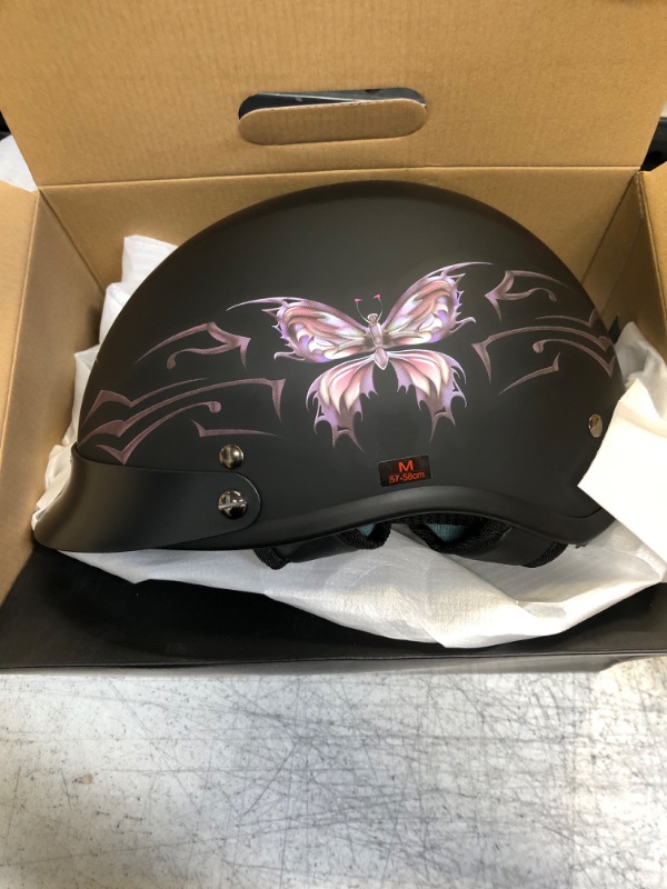 Photo 2 of VCAN Cruiser Intricate Butterfly Motorcycle Half Helmet Medium Flat Black Butterfly