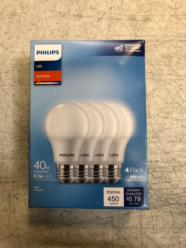 Photo 3 of Philips 40-Watt Equivalent A19 Non-Dimmable E26 LED Light Bulb Soft White 2700K (4-Pack)
