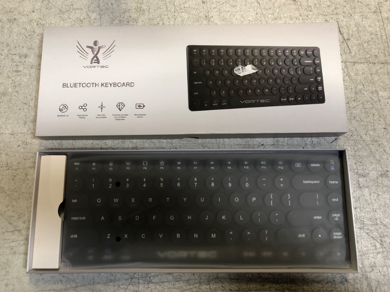 Photo 1 of Vortec Rechargeable Bluetooth Wireless Multi Device Keyboard | Connect 3 Devices Simultaneously | Compatible with iPad, iPhone, Android Phone & Tablet, Mac, PC (Black)