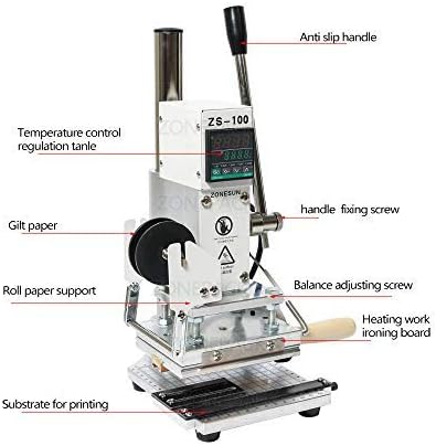 Photo 1 of ZONEPACK ZS-100 Digital Embossing Machine with Stamping Letter Hot Foil Stamping Machine Manual Tipper Stamper Heat Press Machine for PVC Leather Pu and Paper Stamping with Paper Holder(Only Machine)