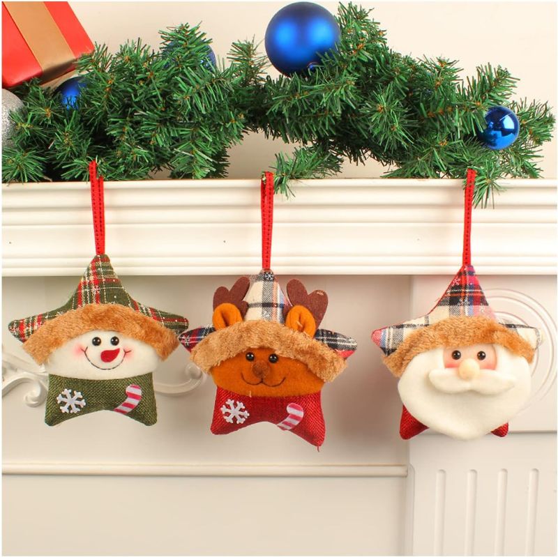 Photo 1 of 3 Pack Christmas Plush Ornaments Set, Snowman, Santa Claus, Elk Creative Plush Christmas Pentagram Doll Pendant for Christmas Tree Fireplace Home Decor
