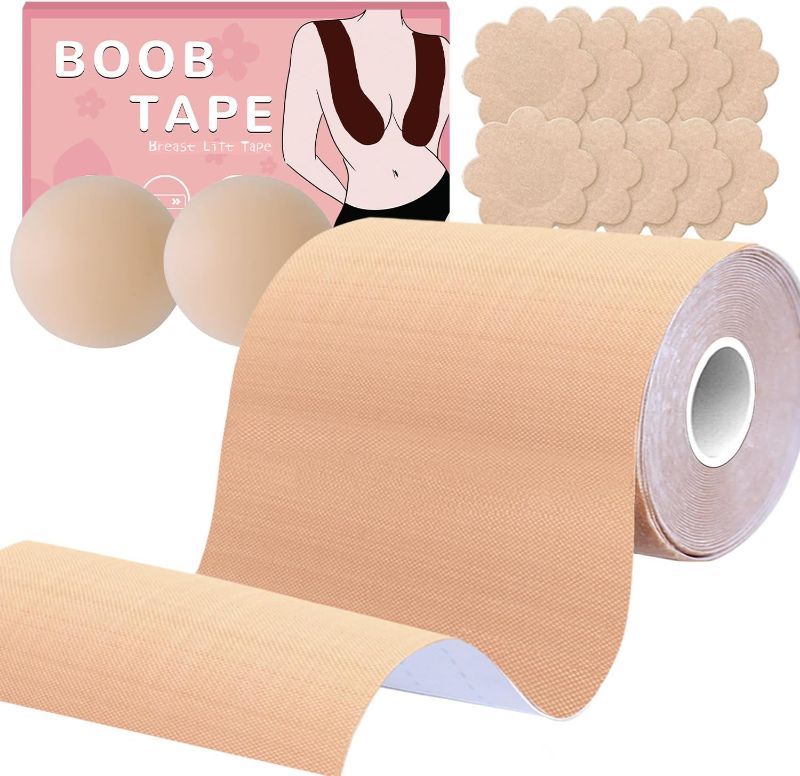 Photo 1 of BEWTEIM Boobytape for Breast Lift Plus Size, XL Boob Tapes 5 inch Wide D-G Cup, Invisble Breast Tape Lifting Large Breast with 2 Reusable Nipple Covers 10 Satin Nipple Pasties Cream
