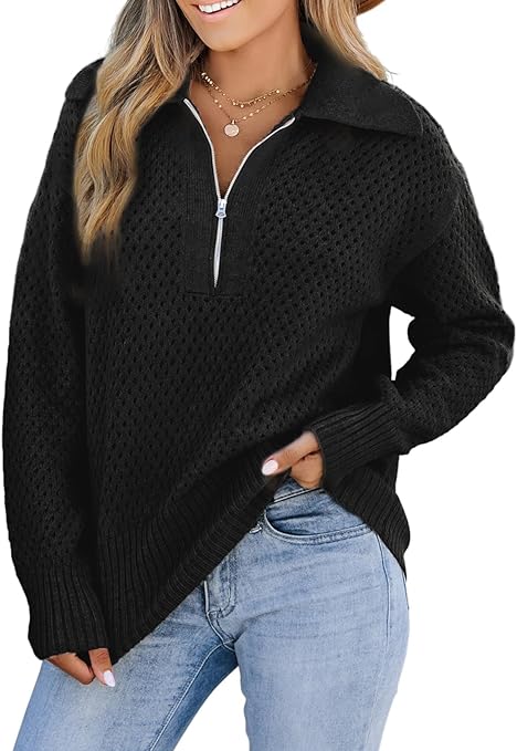 Photo 1 of BLENCOT Women Half Zip Pullover Crochet Sweater Knit Sweatshirts Lightweight Long Sleeve Collared Neck Warm Pullover Tops XL