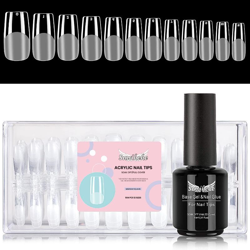 Photo 1 of Nail Tips, Gel x Nail Tips 504 Pcs Clear Full Cover Soft Gel Nail Tips, Acrylic Nail Tips False Nails with 15ml Gel Nail Glue - Medium Square
