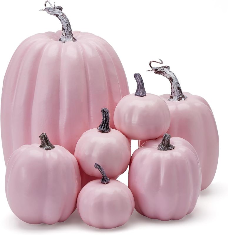 Photo 1 of 7Pcs Artificial Pumpkins of all Styles Halloween Decoration Rural Style Farmhouse Foam Pumpkin Harvest Season Thanksgiving Day is Suitable for Table top House Dining Table Party Decoration (Pink)
