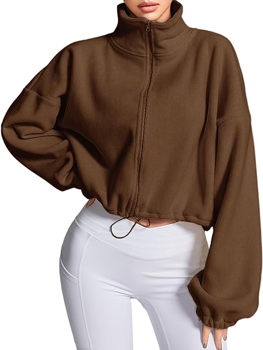 Photo 1 of ATHMILE Cropped Fleece Jackets for Women Zip Up Hoodie Sweatshirt Winter Coats Sherpa Fall Clothes 2023 Coffee Medium 
