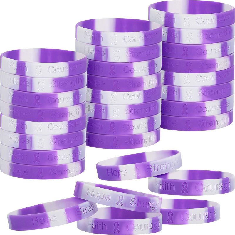 Photo 1 of 48 Pieces Purple Cancer Awareness Bracelets Silicone Ribbon Wristbands Hope Strength Faith Courage Health Awareness Bracelet Unisex for Men Women Teens
