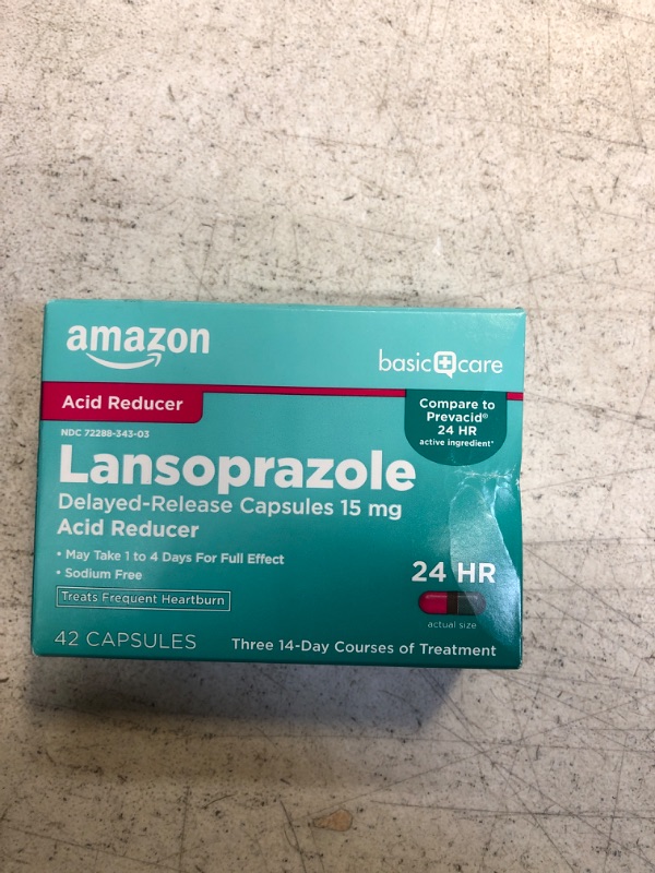 Photo 2 of Amazon Basic Care Lansoprazole Delayed Release Capsules, 15 mg, Proton Pump Inhibitor, Treats Frequent Heartburn, Day or Night, 42 Count Original 42 Count (Pack of 1) (EXP MAY 2025)