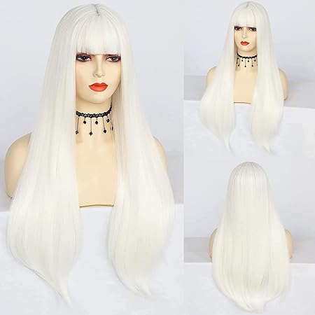 Photo 1 of JoneTing White Long Straight Wigs with Bangs?+Wig Cap? for Women Soft Cosplay Wigs Synthetic Hair for Halloween Costume Christmas Daily Party
