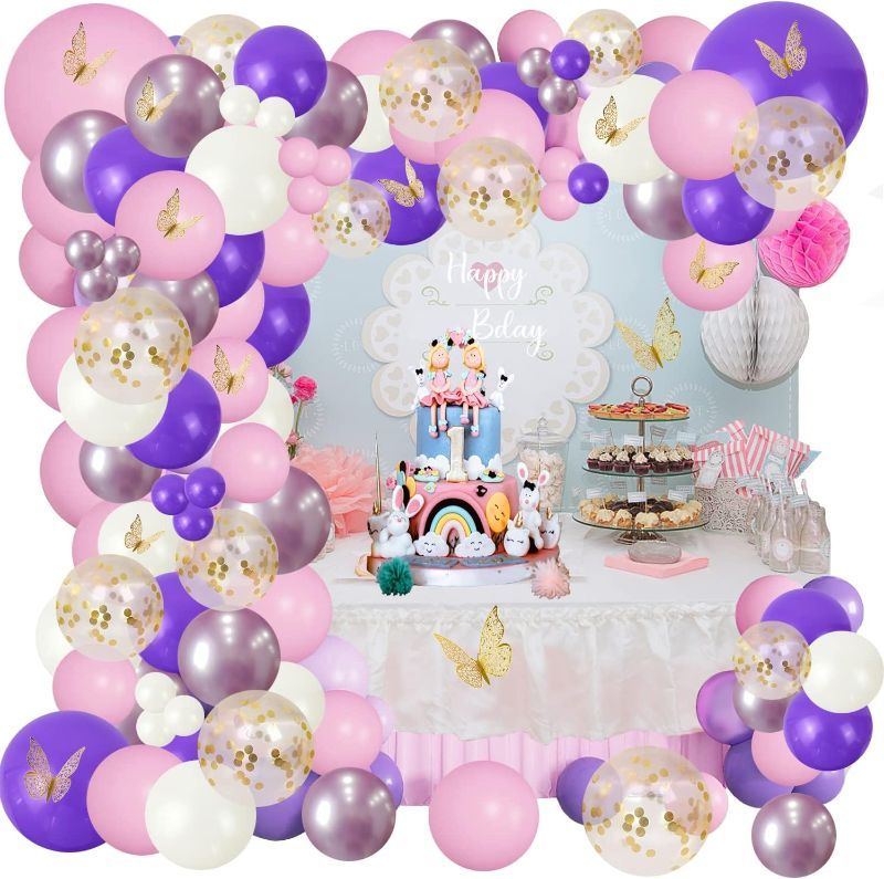 Photo 1 of ANGSKALSA Balloon Garland Arch Kit - 167Pcs Baby Shower Decorations for Girl with Butterfly Stickers, Pink Purple White Gold Confetti Balloons for Birthday Party Bridal Shower Wedding Decorations
