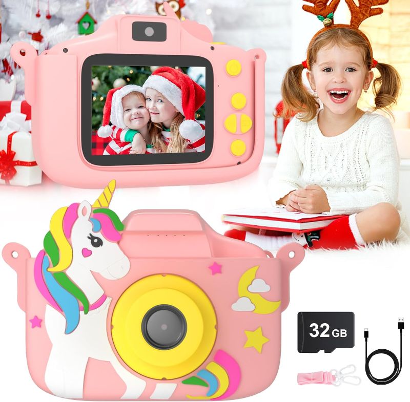 Photo 1 of Kids Camera, Toddler Digital Camera for Ages 3-12 Girls, Christmas Birthday Gifts, Kid Selfie 1080P HD Video Camera with Cartoon Sort Silicone Cover, Portable Toy for Toddler with 32GB SD Card (Pink)
