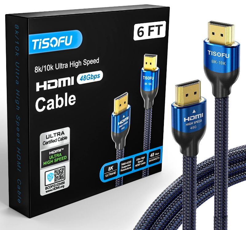 Photo 1 of TISOFU [Ultra Certified] 8K HDMI Cable 6FT: HDMI 2.1 Cables 48Gbps High Speed Premium Braided Cord 8K@60Hz 4K@120Hz 4K@144Hz HDCP 2.2&2.3 CL3 ARC eARC Dolby - HD/HDR/HDTV/PS5/PS4/Xbox Blue 6ft