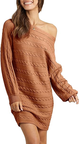 Photo 1 of KIRUNDO Women's 2023 Fall Winter Off Shoulder Sweater Dress Cable Knit Long Sleeve Casual Loose Oversized Pullover XL