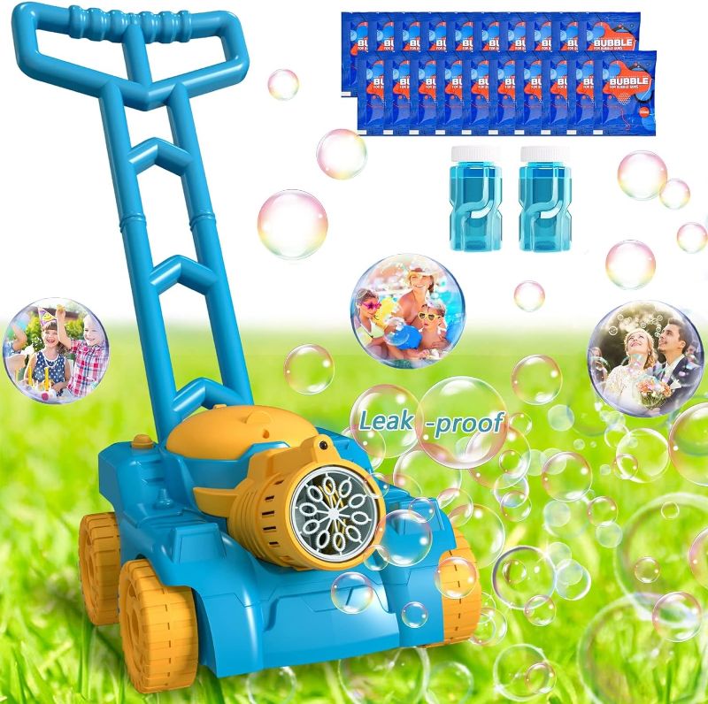 Photo 1 of Bubble Lawn Mower for Toddlers, Automatic Bubble Machine for Kids with Lights, Push Toys, Backyard Gardening Beach Toys, Outdoor Toys for Toddlers Girls Boys 1-3, Blue
