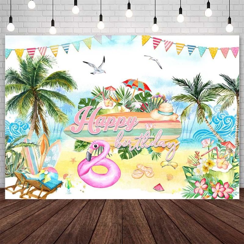 Photo 1 of AIBIIN 7x5ft Summer Birthday Backdrop Pink Happy Birthday Photography Background Hawaii Tropical Flamingo Birthday Party Decorations Banner Photo Shoot Props
