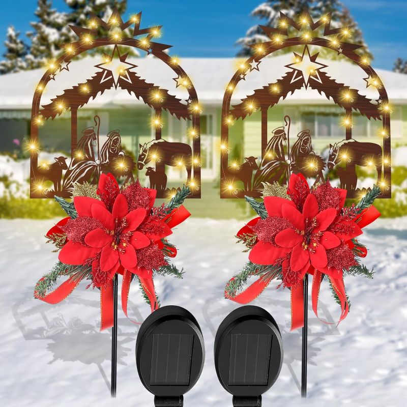 Photo 1 of 2 Pcs Solar Christmas Yard Decorations,Outdoor LED Solar Powered Christmas Pathway Lights,Nativity Scene Metal Stake Lights for Outdoor Garden Lawn Pathway Christmas Decorations(Red)
