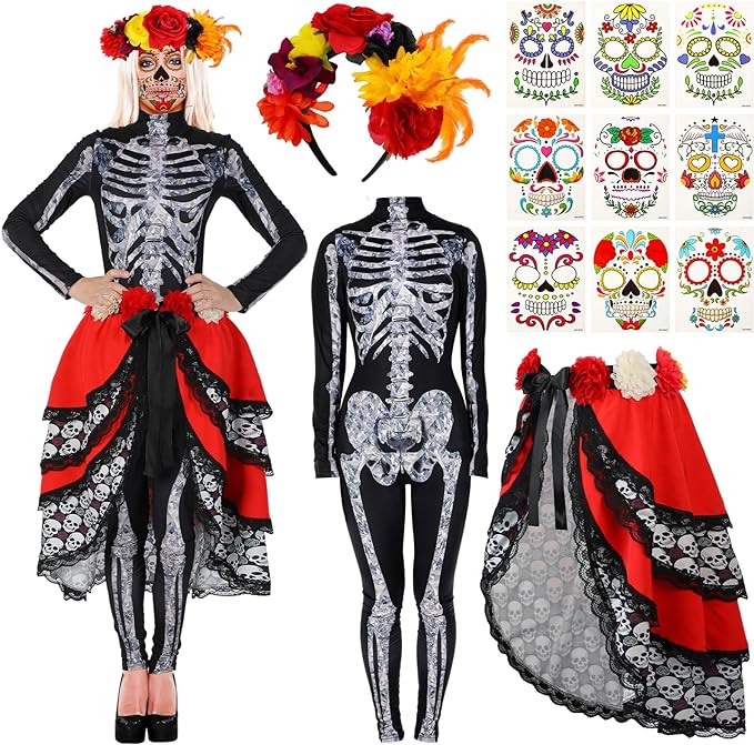 Photo 1 of Jiuguva Women's Day of the Dead Costume Halloween Skull Catsuit Flower Headband Skull Skirt Face Tattoos - SIZE XL 
