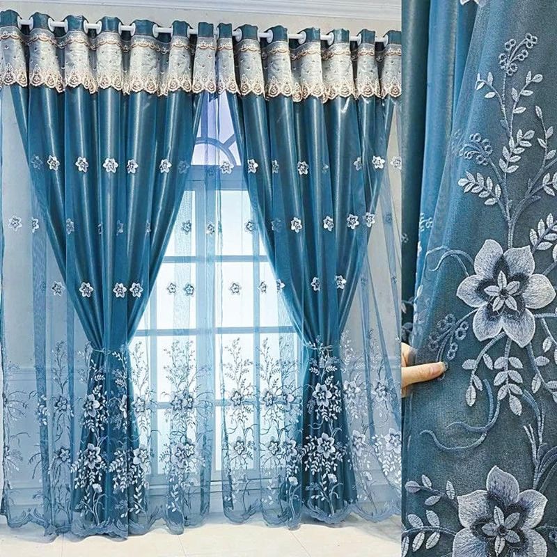 Photo 1 of Amidoudou 1 Pair European Double Layer Curtains for Living Room Bedroom Luxury Flower Embroidered Curtains with Valance (Blue,54x96 Inch)
