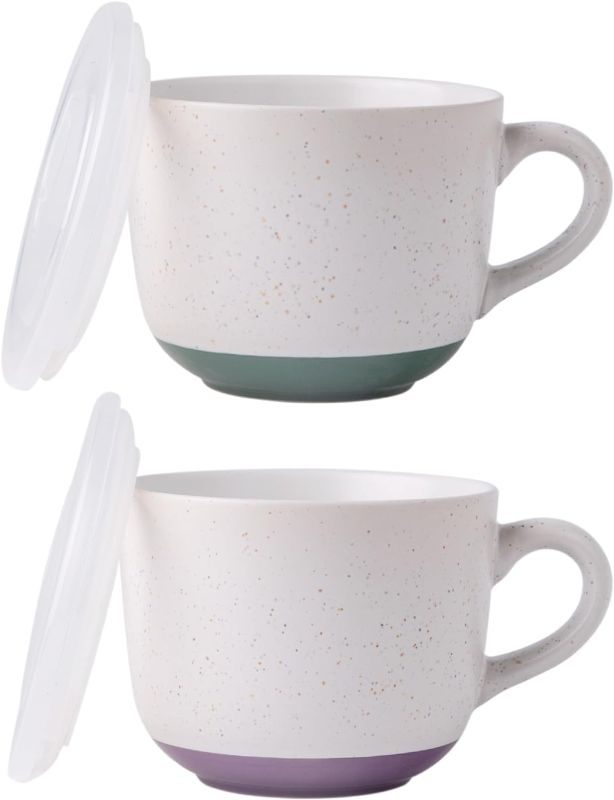 Photo 1 of AmorArc Ceramic Soup Mugs with Lid, 24 oz Soup Cups with Handle for Coffee, Cereal, Salad, Noodles, Tea, Soup Bowls Cups, Microwave Dishwasher Safe, Set of 2, Speckled Outside with Vented Lid
