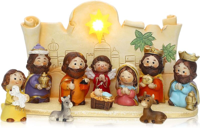 Photo 1 of +++MISSING ONE FIGURINE+++ 11 Pcs Mini Christmas Nativity Set Little People Nativity Set Nativity Scene with Light Miniature Manger 10 Rearrangeable Figurines Decor Religious Figurines Christian Tabletop Decor (Colorful)
