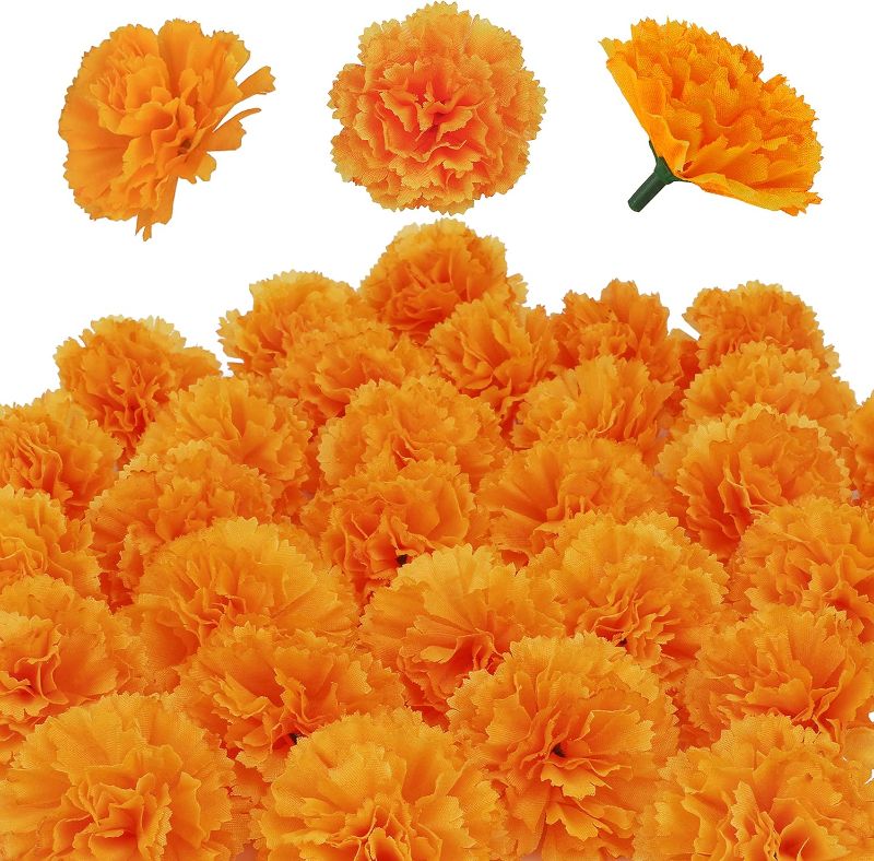 Photo 1 of 50 Pcs Artificial Marigold Flowers, 2inch Silk Marigolds Decoration Set,Orange Marigold Flowers Decor For Diwali,Indian Festival,Traditional, Backdrop,Parties,DIY Marigold Garlands,Wedding,Bush Floral
