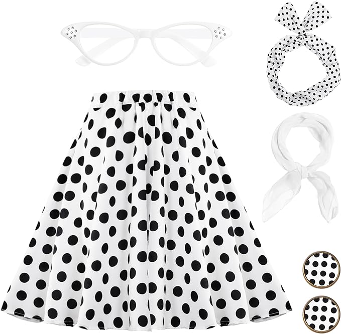 Photo 1 of Hicarer 5 Pcs 1950's Women Costume 50s Poodle Skirt Accessories Outfit Scarf Eyeglasses Bandana Tie Headband Earrings
