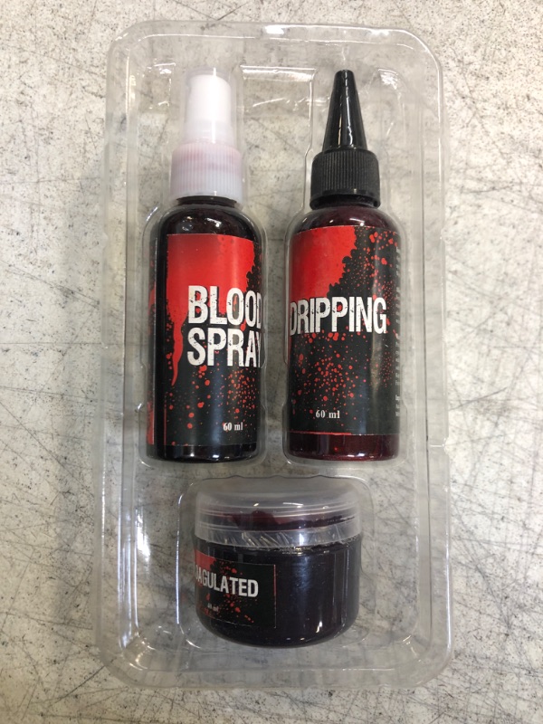 Photo 2 of 3 Pcs Fake Blood Spray - Halloween Blood Splatter Makeup Spray for Clothes, Realistic Fake Blood Spray for Zombie Vampire and Monster Costume Cosplay Makeup, 2.1 oz + 2.1 + 1.1 oz
