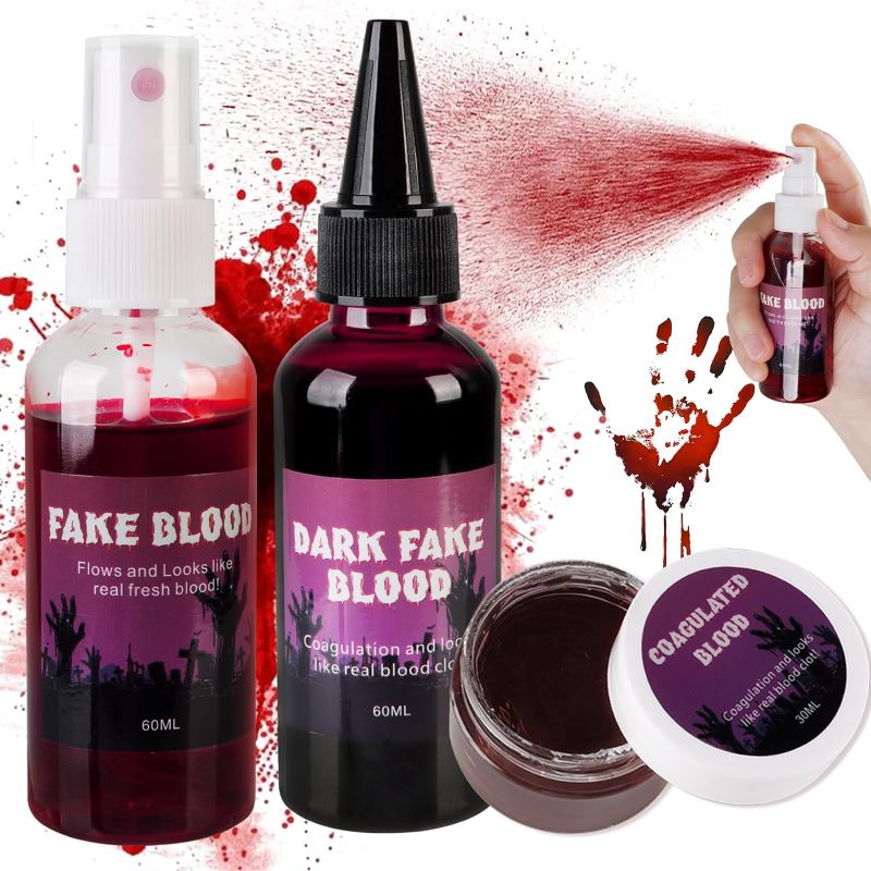 Photo 1 of 3 Pcs Fake Blood Spray - Halloween Blood Splatter Makeup Spray for Clothes, Realistic Fake Blood Spray for Zombie Vampire and Monster Costume Cosplay Makeup, 2.1 oz + 2.1 + 1.1 oz
