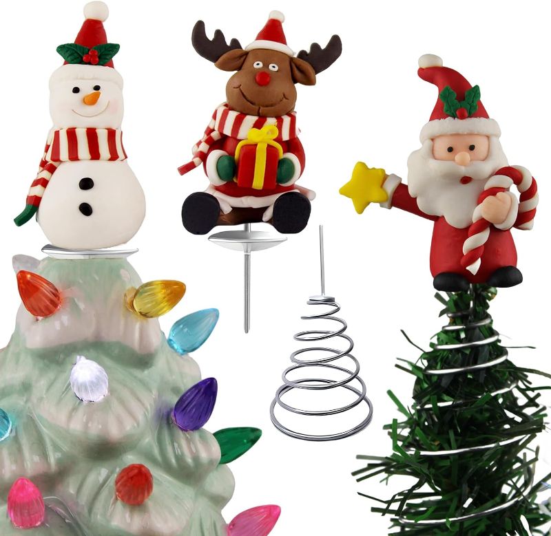 Photo 1 of 3Pack Ceramic Christmas Tree Replacement Topper Decorations-Includes Snowman/Santa Claus/Reindeer, Matching Metal Spring Base Can Also Be Used As A Xmas Flocked Trees.
