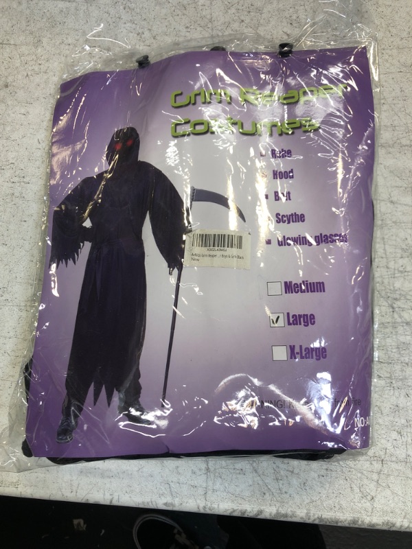 Photo 2 of AnNido Grim Reaper Halloween Costume for Kids, Scream Costume with Glowing Up Eyes for Boys & Girls Medium (10-12Y)