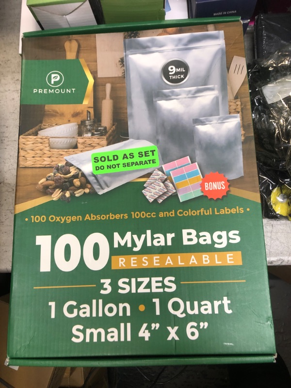 Photo 2 of Premount 9 Mil Thick 100 Mylar Bags With Oxygen Absorbers 100cc - Large Mylar Bags for Food Storage 1 Gallon 10x14, 6x9, 4x6 - Mylar Food Storage Bag & Sealable Bags for Packaging + 100 Labels