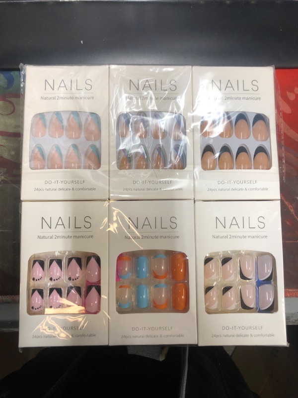 Photo 2 of 6 Packs (144PCS) Press on Nails Short Acrylic Square Black Glue on Nails White French Tip False Nails with Design False Nails Pink 0.01 Fl Oz (Pack of 144) Press on Nails Short