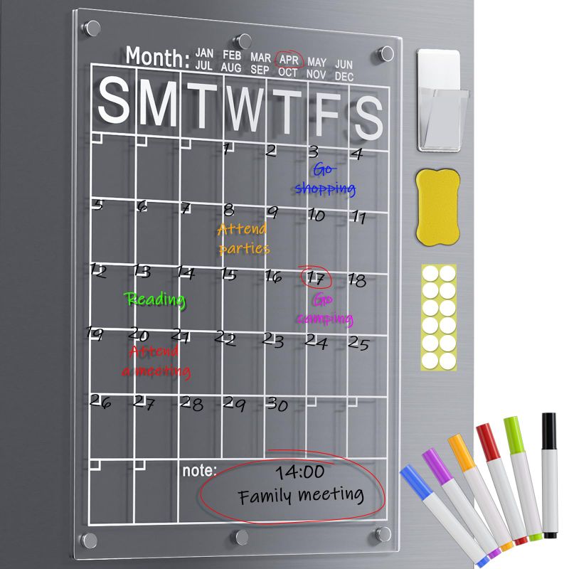 Photo 1 of Yirilan Magnetic Acrylic Calendar for Fridge, 16"x12"Clear Dry Erase Board Calendars for Fridge Reusable Planner Includes 6 Markers, Pen Container, and Eraser