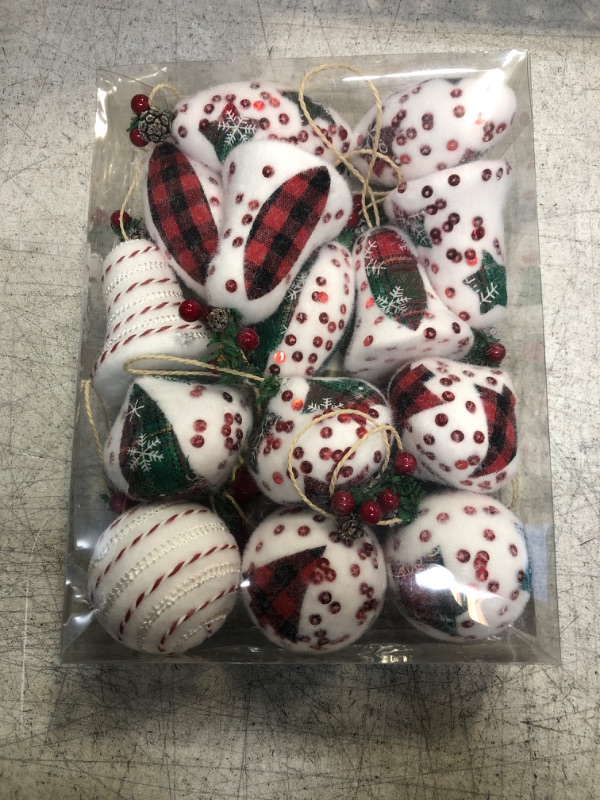 Photo 2 of 14 Pcs Rustic Christmas Ball Ornaments, 3.15 Inches Burlap Buffalo Plaid Christmas Tree Decorations, Vintage Farmhouse Sequin Flocked Ornaments for Xmas Tree, Home Decor, Party