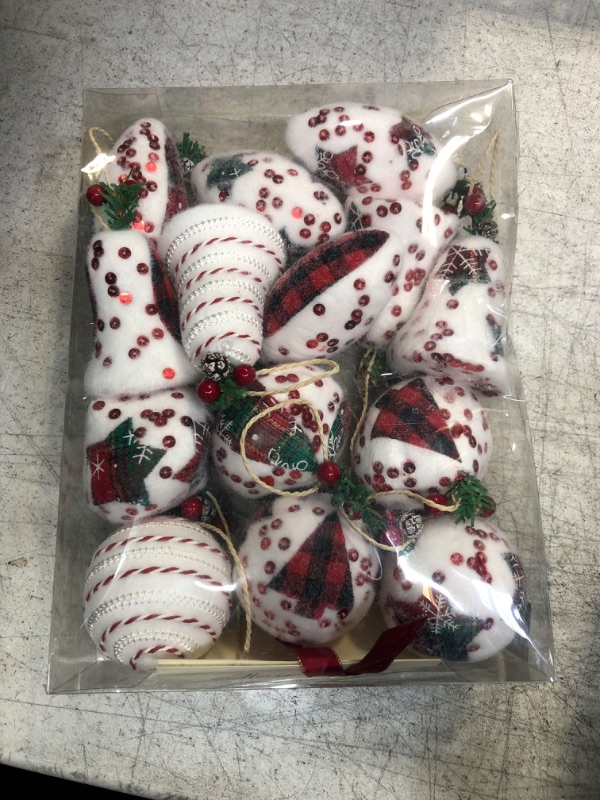 Photo 2 of 14 Pcs Rustic Christmas Ball Ornaments, 3.15 Inches Burlap Buffalo Plaid Christmas Tree Decorations, Vintage Farmhouse Sequin Flocked Ornaments for Xmas Tree, Home Decor, Party