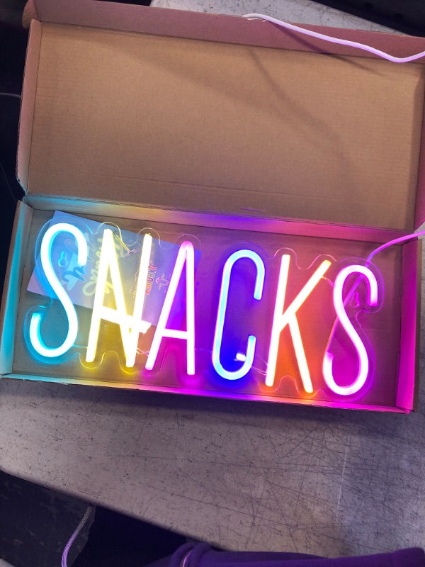 Photo 3 of Snacks Neon sign,Snack Bar Sign for Art Wall Decor,Cake Candy Shop Snack Stall Mancave Coffee Bars,Dimmable USB Powered Colorful Snacks Neon Light Sign A-Snacks