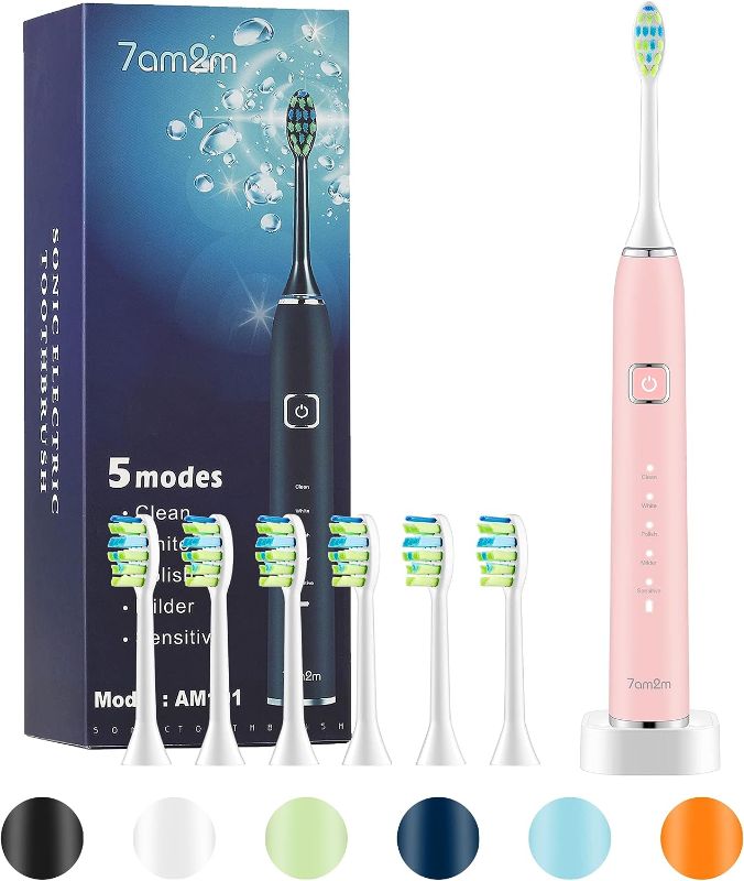 Photo 1 of 7AM2M Sonic Electric Toothbrush with 6 Brush Heads for Adults and Kids, One Charge for 90 Days, Wireless Fast Charge, 5 Modes with 2 Minutes Built in Smart Timer, Electric Toothbrushes(Pink)
