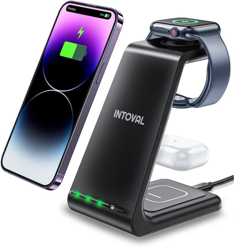 Photo 1 of Intoval Wireless Charging Station, 3 in 1 Charger for Apple iPhone/iWatch/Airpods,iPhone15,14,13,12,11 (Pro,Pro Max)/XS/XR/XS,iWatch9/8/Ultra2/1/7/6/SE/5/4/3/2,Airpods Pro2/Pro1/3 (A3,Black)
