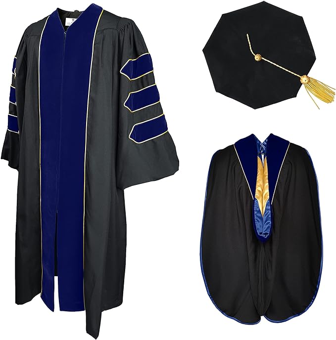 Photo 1 of GradPlaza Doctoral Graduation Gown Doctoral Hood with Gold Piping and Doctoral Tam 8 Side Doctoral Regalia
