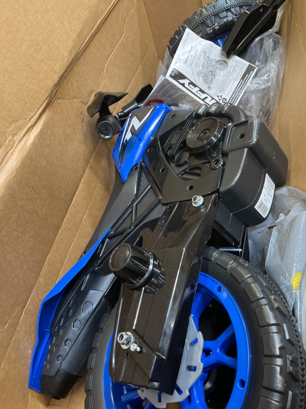 Photo 1 of Huffy 6V Kids Electric Battery-Powered Ride-On Motorcycle Bike Toys w/Training Wheels, Engine Sounds, Charger Blue