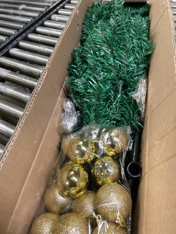 Photo 1 of 5ft Premium Artificial Christmas Pine Tree Set for Home, Office, Party Decoration w/ 400 Branch Tips and Stand, 100 White Lights, Christmas Balls Set,Ribbon Decor Green