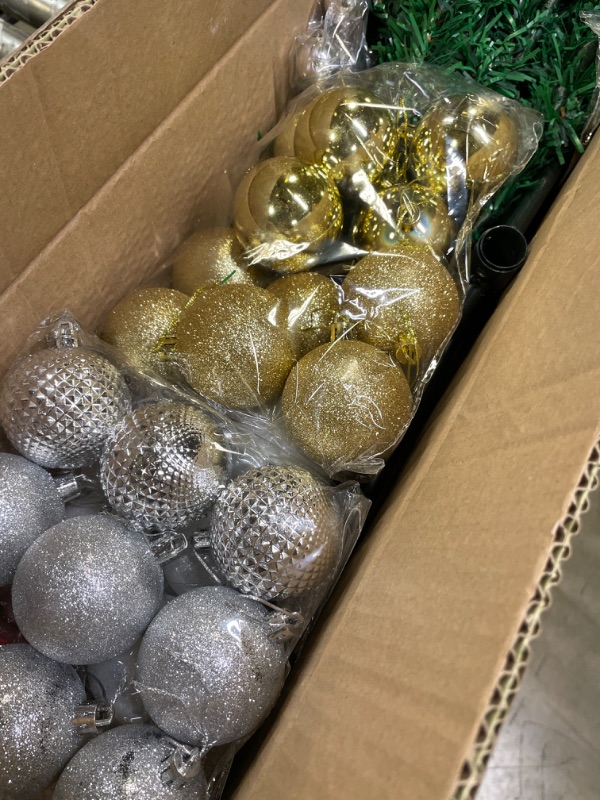 Photo 1 of 5ft Premium Artificial Christmas Pine Tree Set for Home, Office, Party Decoration w/ 400 Branch Tips and Stand, 100 White Lights, Christmas Balls Set,Ribbon Decor Green